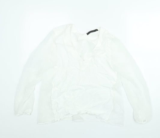 Zara Womens White Polyester Basic Blouse Size L V-Neck - Semi Sheer