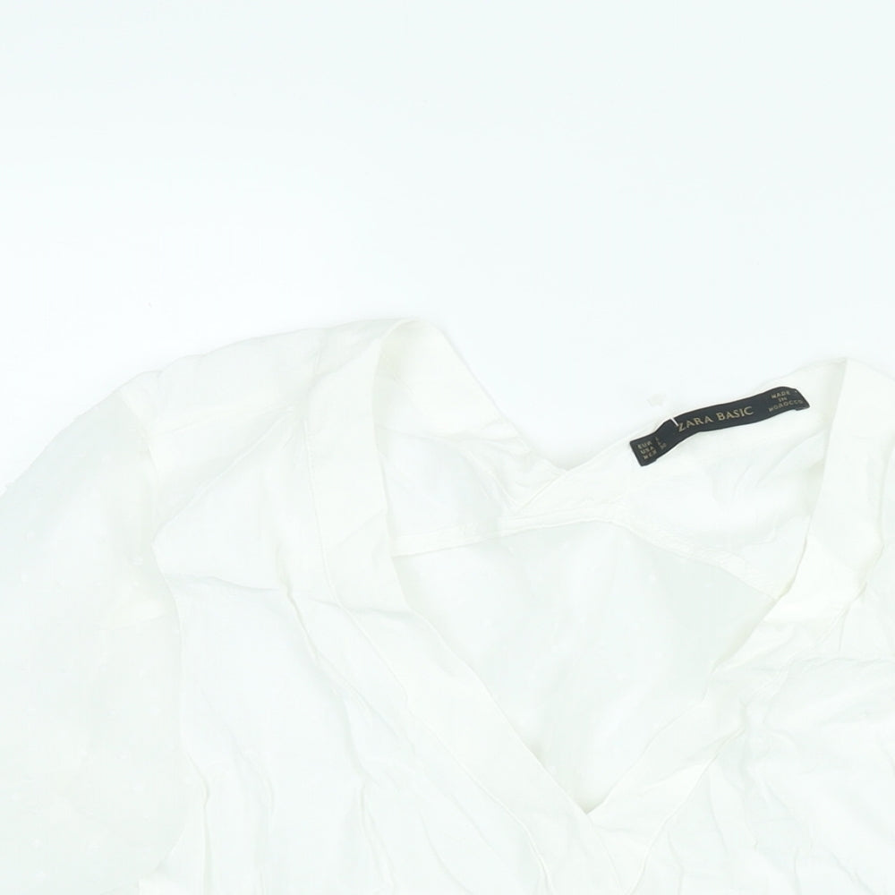 Zara Womens White Polyester Basic Blouse Size L V-Neck - Semi Sheer