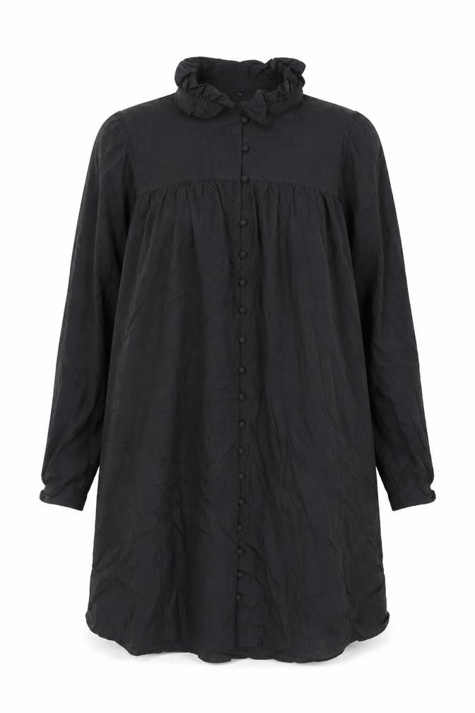 H&M Womens Black Polyamide Shift Size S Mock Neck Button - Smocked Frill