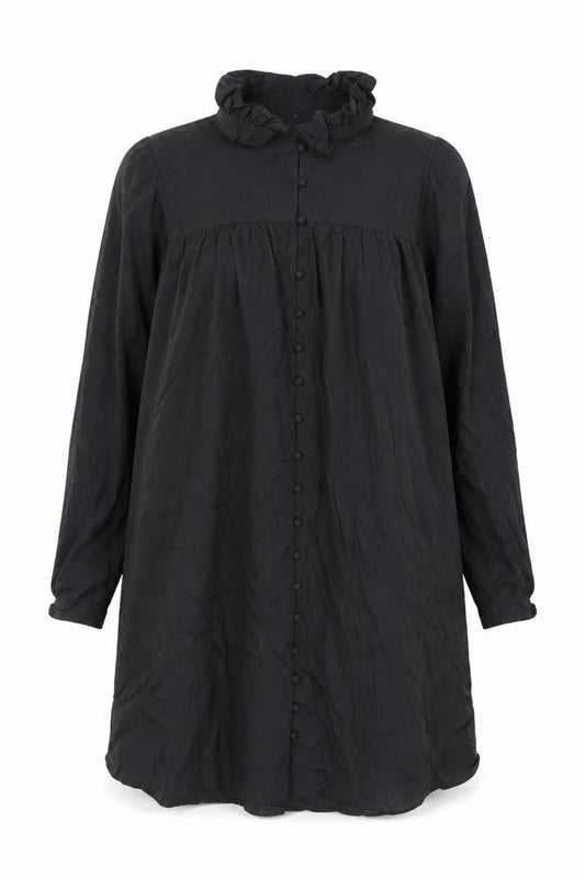 H&M Womens Black Polyamide Shift Size S Mock Neck Button - Smocked Frill