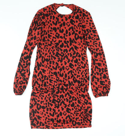 Additional front view of ASOS women’s red animal print polyester mini, size UK 8, round neck button - backless