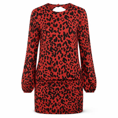 Front view of ASOS women’s red animal print polyester mini, size UK 8, round neck button - backless