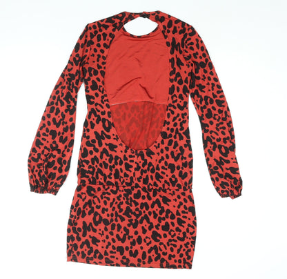 Back view of ASOS women’s red animal print polyester mini, size UK 8, round neck button - backless