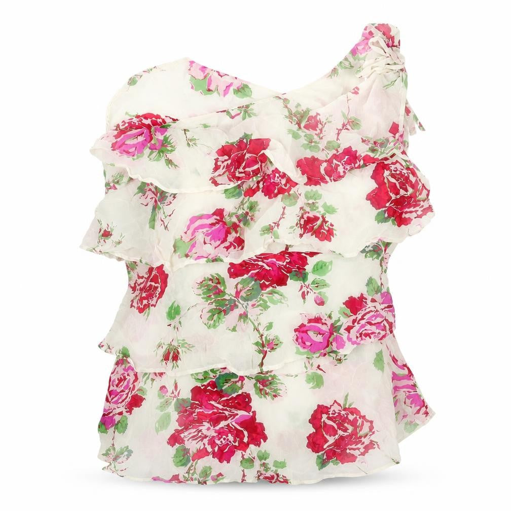 Warehouse Womens Beige Floral Silk Basic Blouse Size 16 One Shoulder - Layered Frill