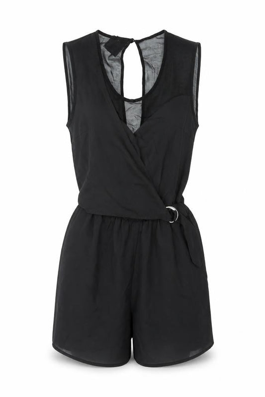 Front view of Miss Selfridge women’s black polyester playsuit one-piece, size UK 8, button - buckle