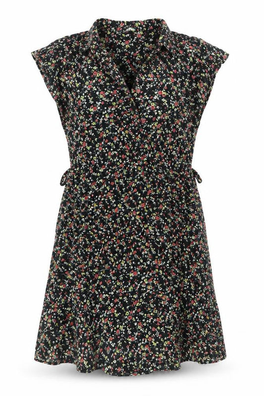 Carbon Pink Womens Black Floral Cotton Mini Size 14 V-Neck Zip - Belted Button Detail