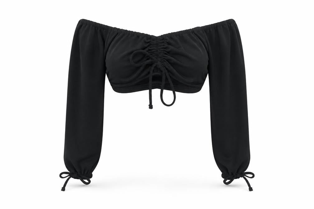PRETTYLITTLETHING Womens Black Polyester Cropped Blouse Size 4 Off the Shoulder - Drawstring Detail