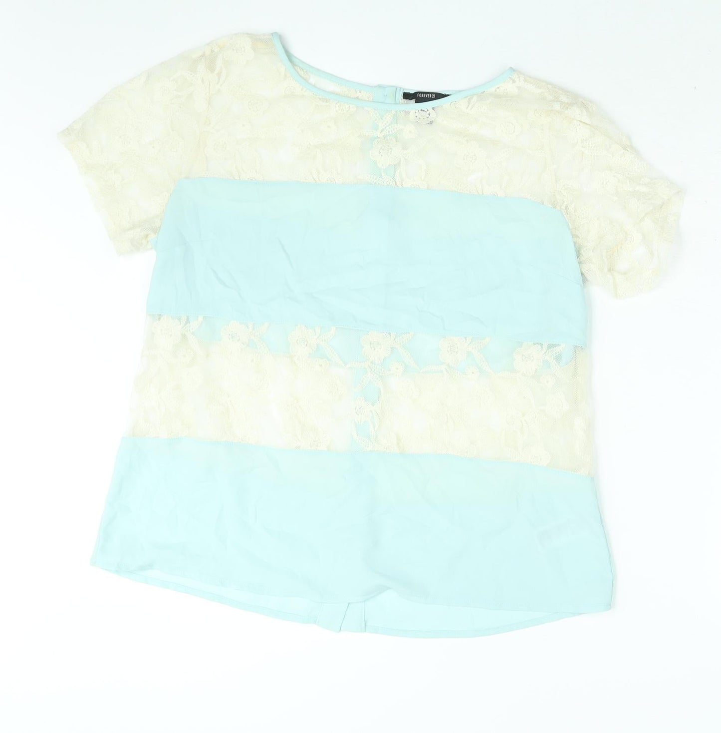 FOREVER 21 Womens Blue Colourblock Polyester Basic Blouse Size L Round Neck - Lace Panel