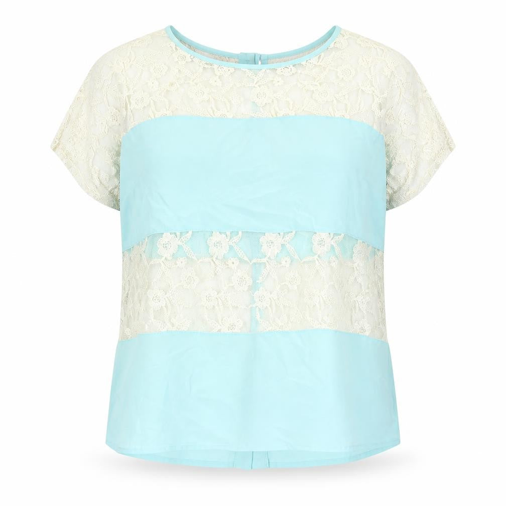 FOREVER 21 Womens Blue Colourblock Polyester Basic Blouse Size L Round Neck - Lace Panel