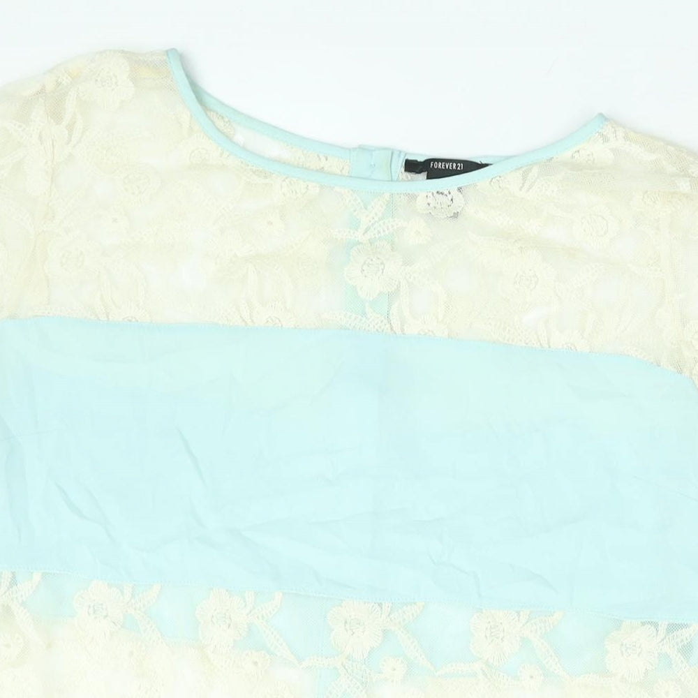 FOREVER 21 Womens Blue Colourblock Polyester Basic Blouse Size L Round Neck - Lace Panel