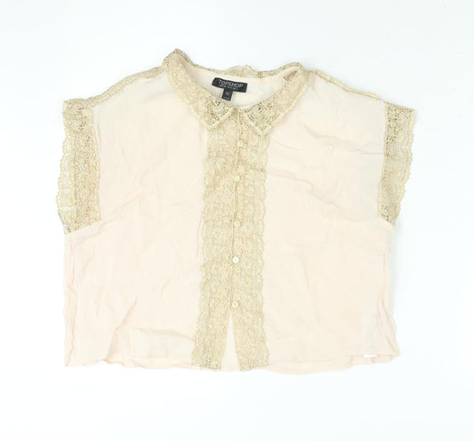Topshop Womens Pink Viscose Cropped Blouse Size 12 Collared - Gold Lace Trim