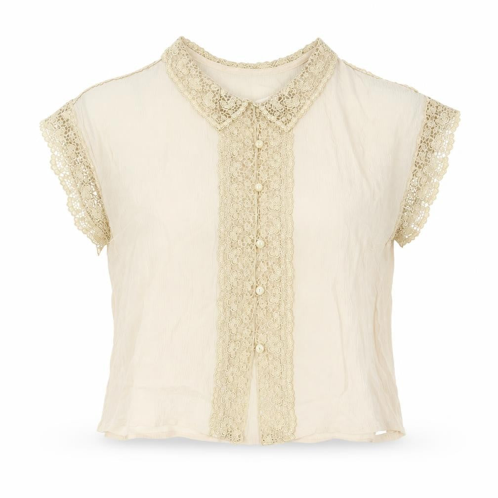 Topshop Womens Pink Viscose Cropped Blouse Size 12 Collared - Gold Lace Trim
