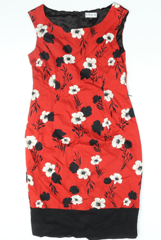 Solo Womens Red Floral Cotton Shift Size 12 Boat Neck Zip