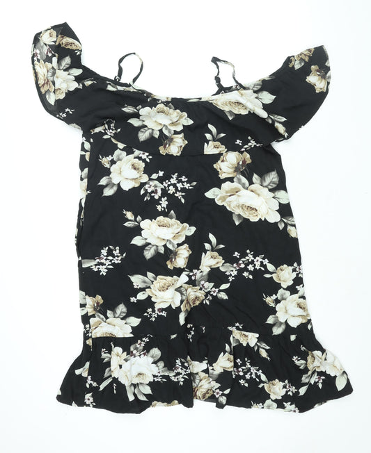 Sunnyme Womens Black Floral Polyester Shift Size L Scoop Neck Pullover - Frill Cold Shoulder
