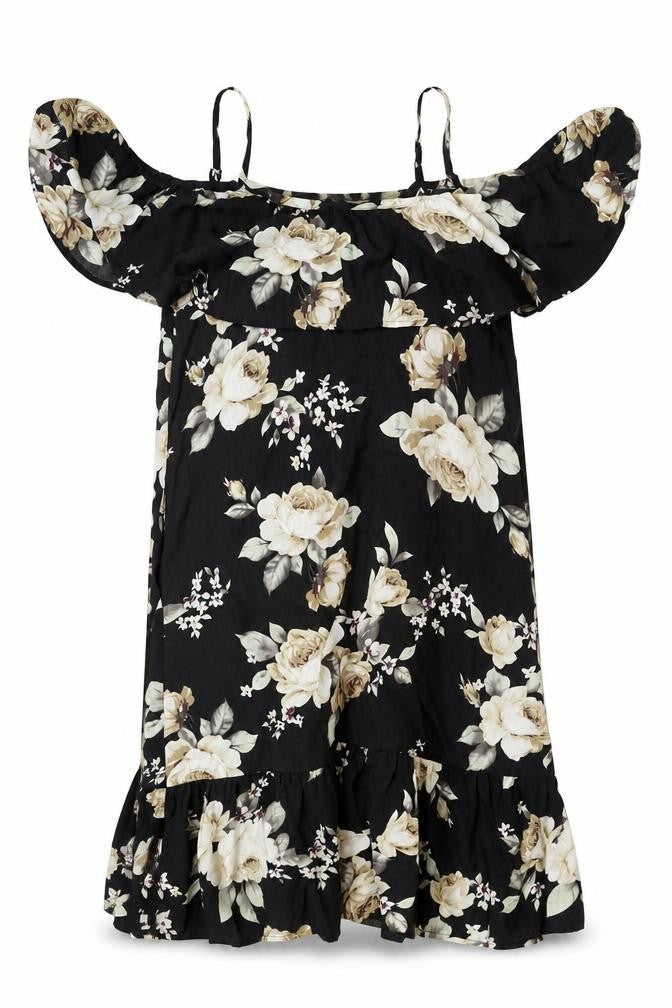 Sunnyme Womens Black Floral Polyester Shift Size L Scoop Neck Pullover - Frill Cold Shoulder