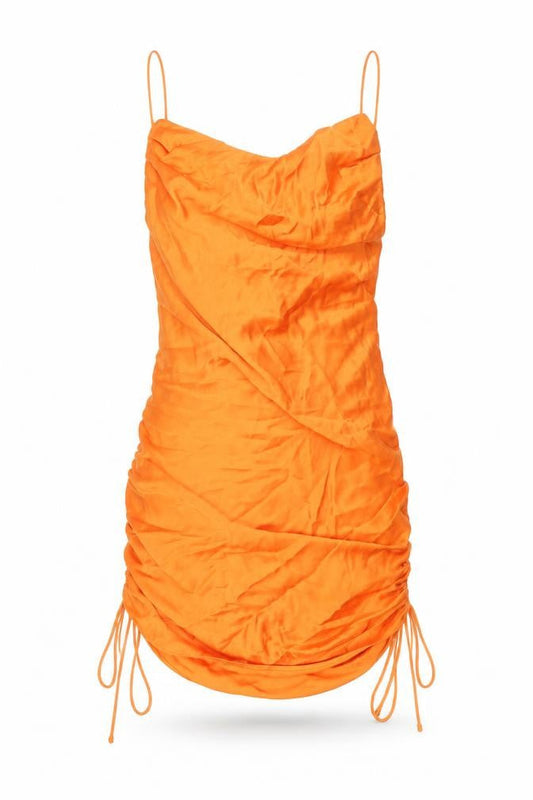 Zara Womens Orange Polyester Slip Dress Size L Cowl Neck Pullover - Drawstring Detail