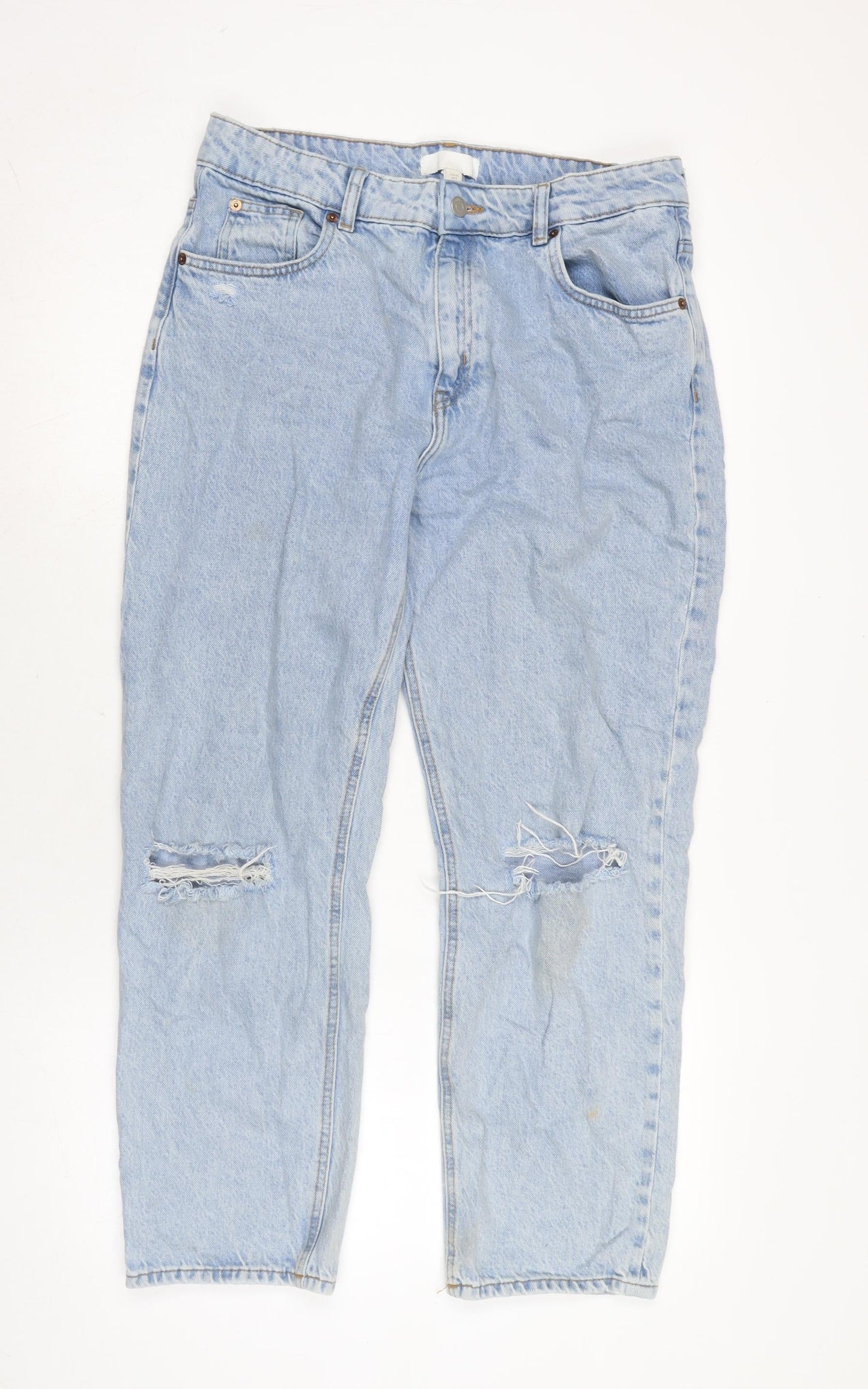 H&M Womens Blue Cotton Straight Jeans Size 12 L25 in Regular Zip