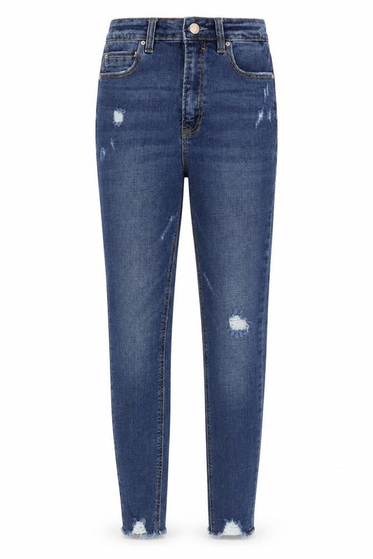 Stadivarious Womens Blue Cotton Blend Tapered Jeans Size 10 L25 in Regular Zip - Raw Hem