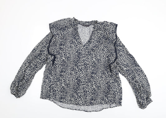 Marks and Spencer Womens Blue Animal Print Viscose Basic T-Shirt Size 16 V-Neck