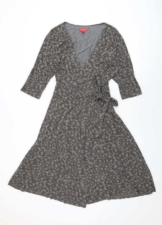 ELLE Womens Grey Animal Print Viscose Wrap Dress Size 16 V-Neck Tie
