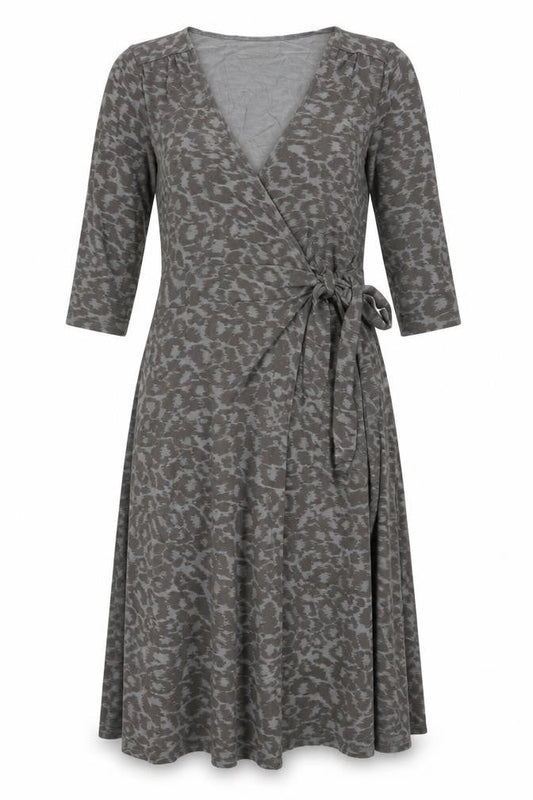 ELLE Womens Grey Animal Print Viscose Wrap Dress Size 16 V-Neck Tie