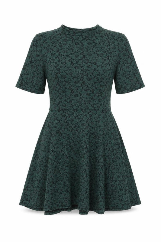 Topshop Womens Green Floral Cotton Skater Dress Size 12 Round Neck Button