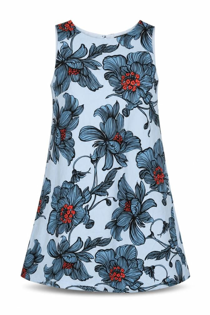 Luxe Womens Blue Floral Polyester Shift Size 14 Round Neck Button