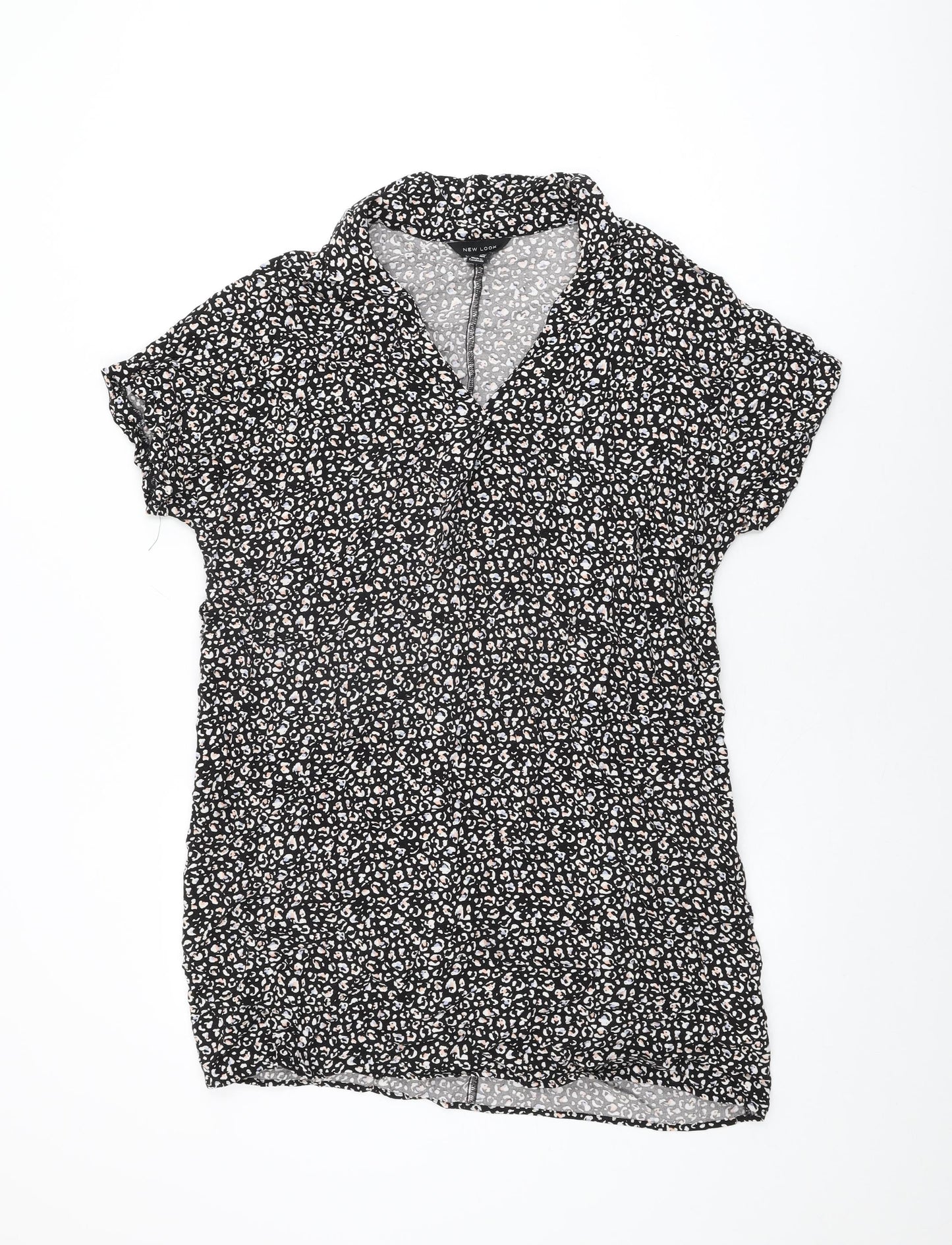 New Look Womens Black Animal Print Viscose Shift Size 14 Collared Pullover