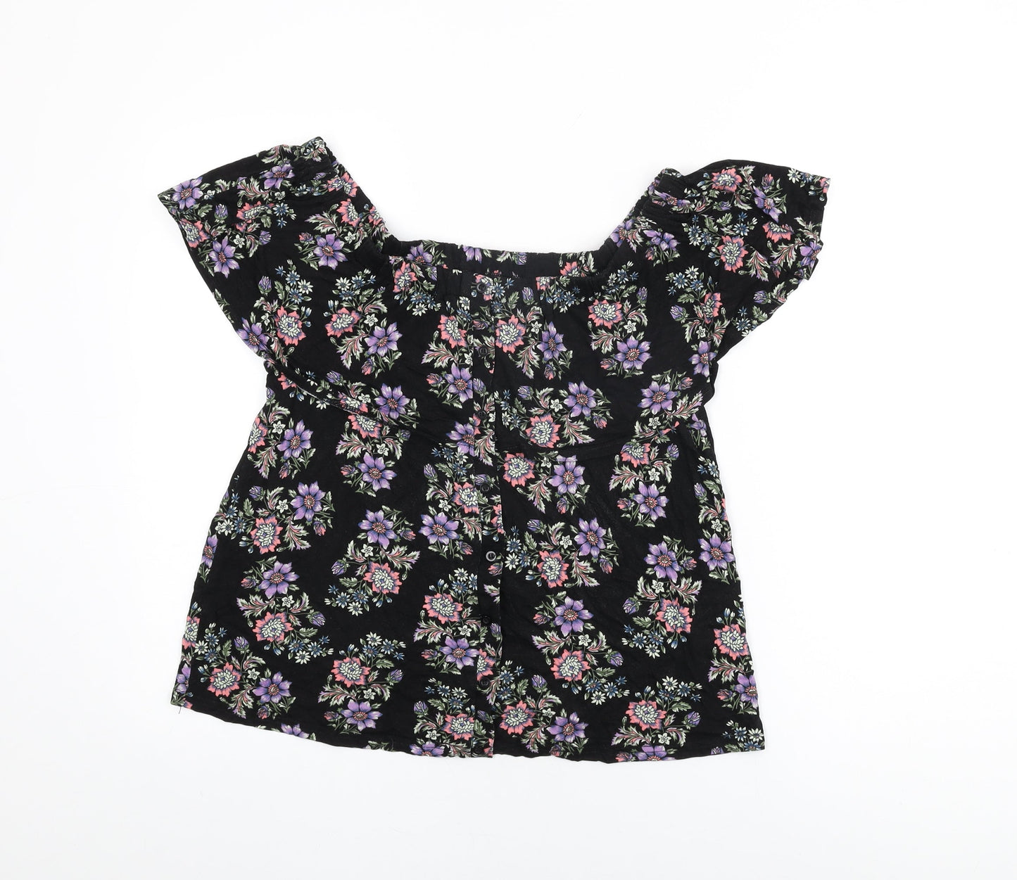 Buffalo Womens Black Floral Viscose Basic T-Shirt Size 14 Off the Shoulder