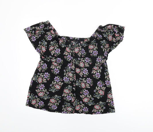 Buffalo Womens Black Floral Viscose Basic T-Shirt Size 14 Off the Shoulder