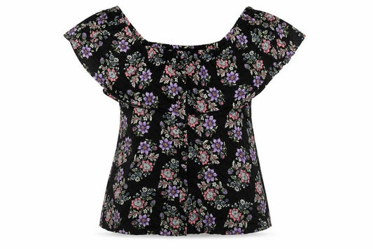 Buffalo Womens Black Floral Viscose Basic T-Shirt Size 14 Off the Shoulder