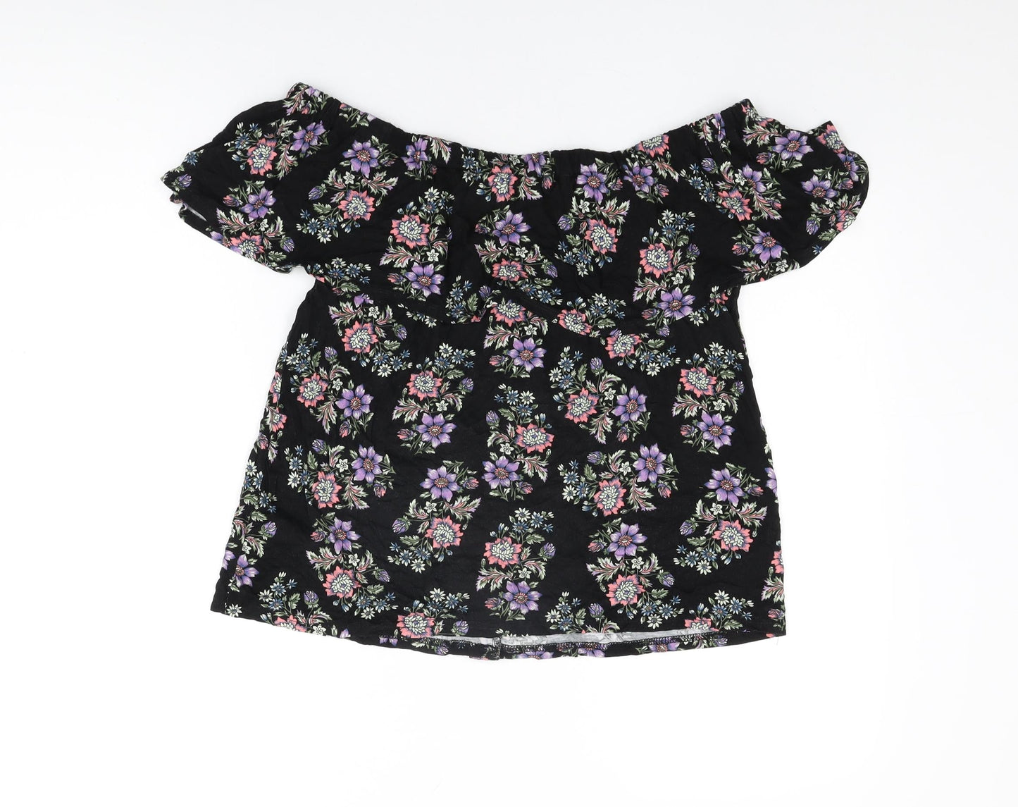 Buffalo Womens Black Floral Viscose Basic T-Shirt Size 14 Off the Shoulder