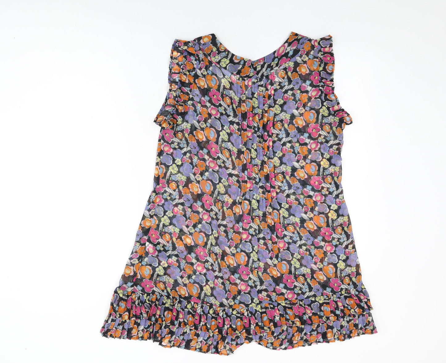 NEXT Womens Black Floral Polyester Basic Blouse Size 14 Scoop Neck