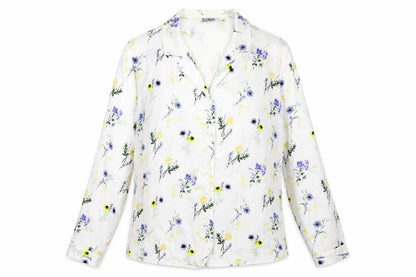 Front view of ASOS women’s white floral polyester basic button-up, size UK 12, collared