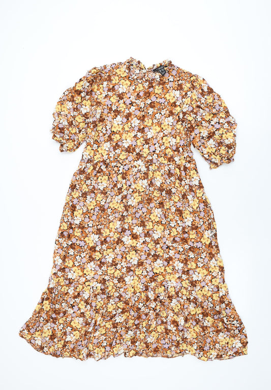 New Look Womens Brown Floral Viscose Shift Size 10 Round Neck Button