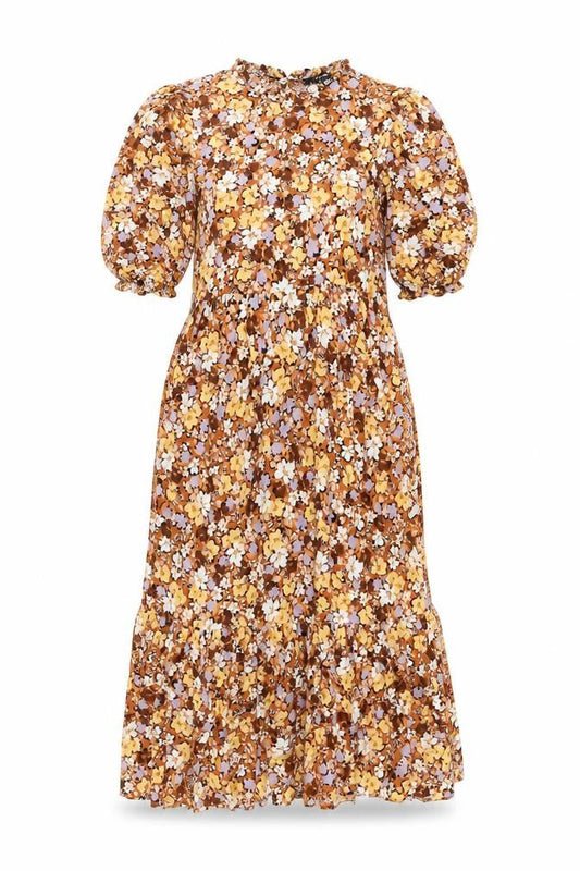 New Look Womens Brown Floral Viscose Shift Size 10 Round Neck Button
