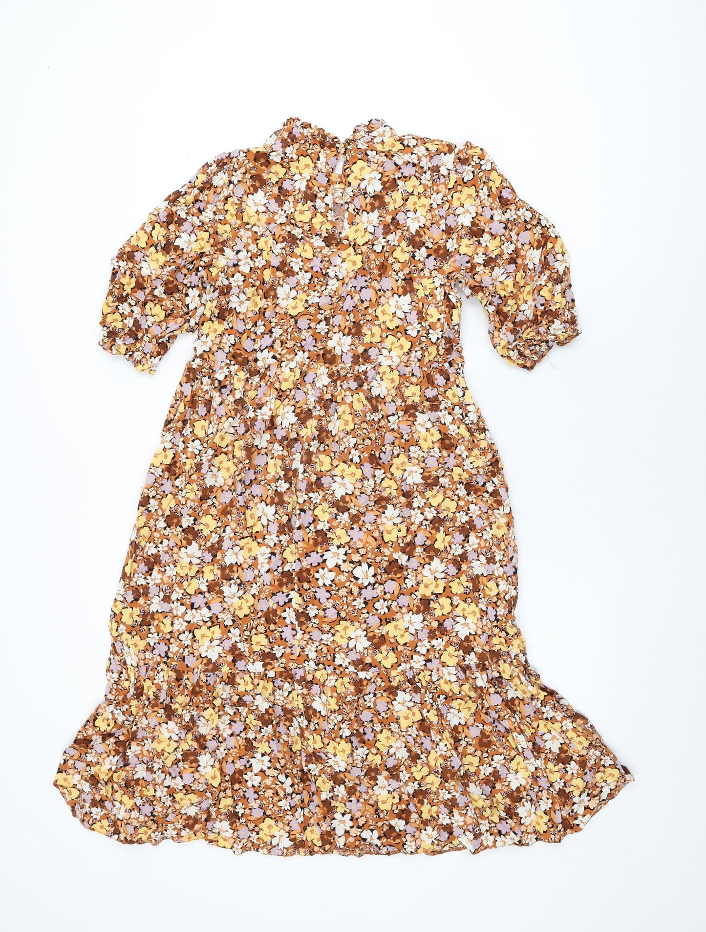 New Look Womens Brown Floral Viscose Shift Size 10 Round Neck Button