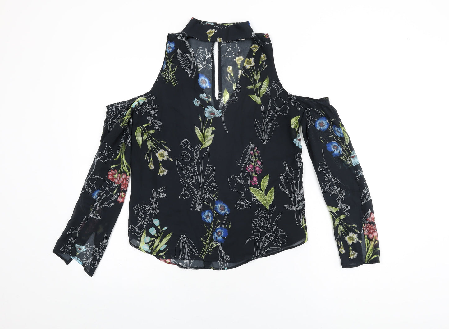 River Island Womens Black Floral Polyester Basic Blouse Size 8 Round Neck