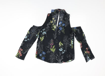 River Island Womens Black Floral Polyester Basic Blouse Size 8 Round Neck
