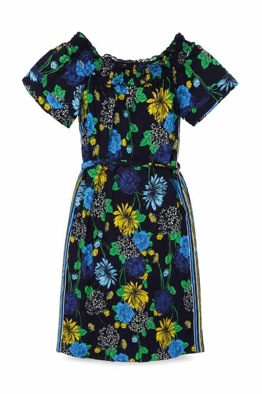 Front view of Red Herring women’s blue floral viscose shift, size UK 8, off the shoulder pullover