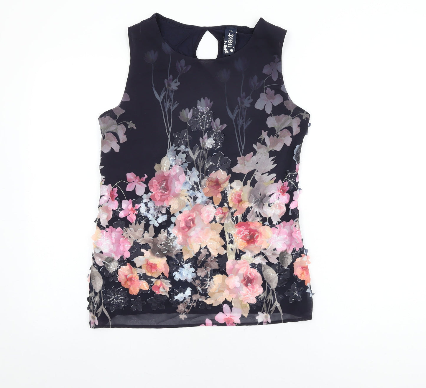NEXT Womens Blue Floral Viscose Basic Blouse Size 10 Round Neck