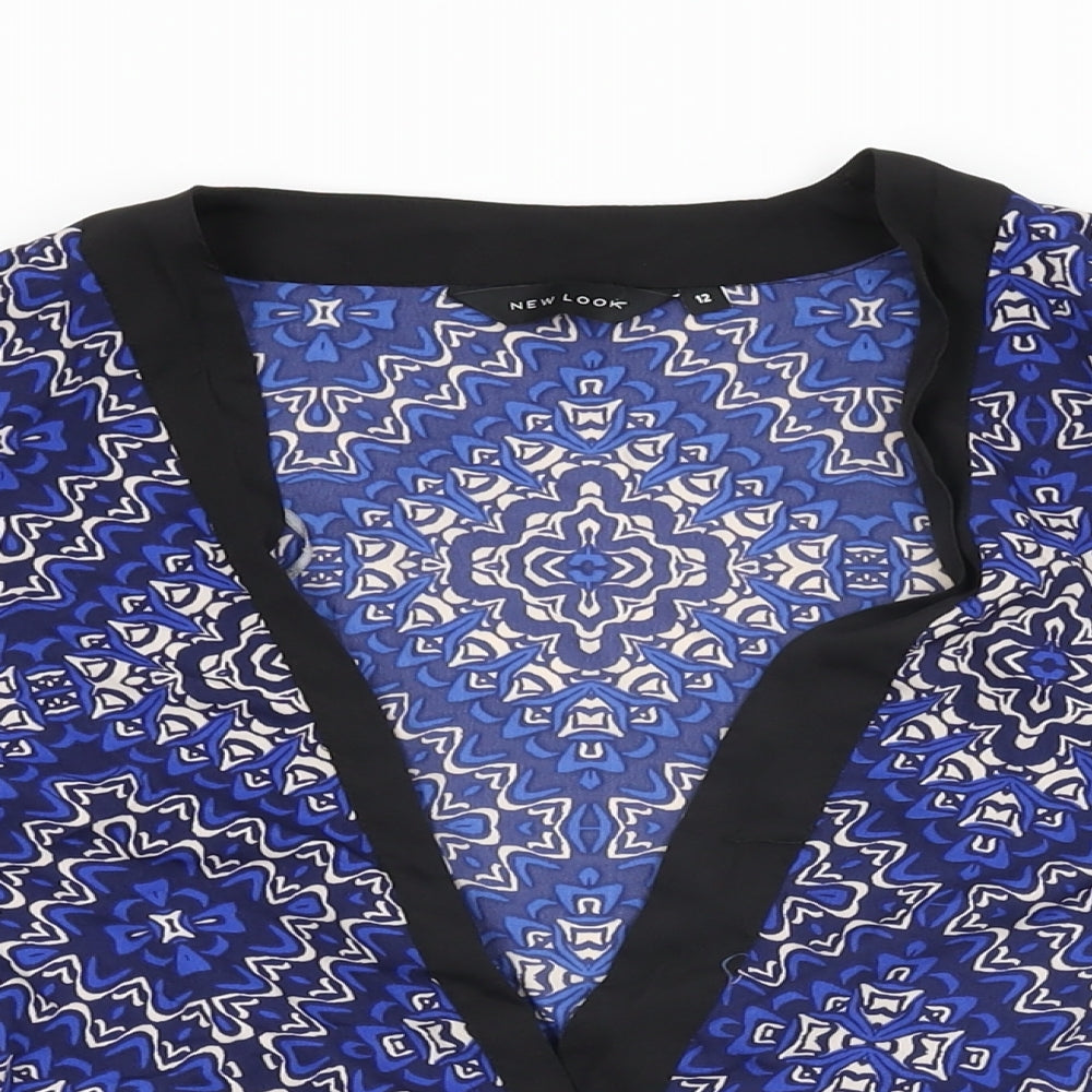 New Look Womens Blue Geometric Polyester Kimono Blouse Size 12 V-Neck