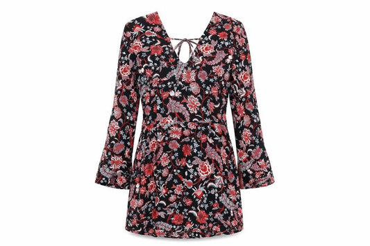 Mango Womens Black Floral Viscose Shift Size S V-Neck Zip