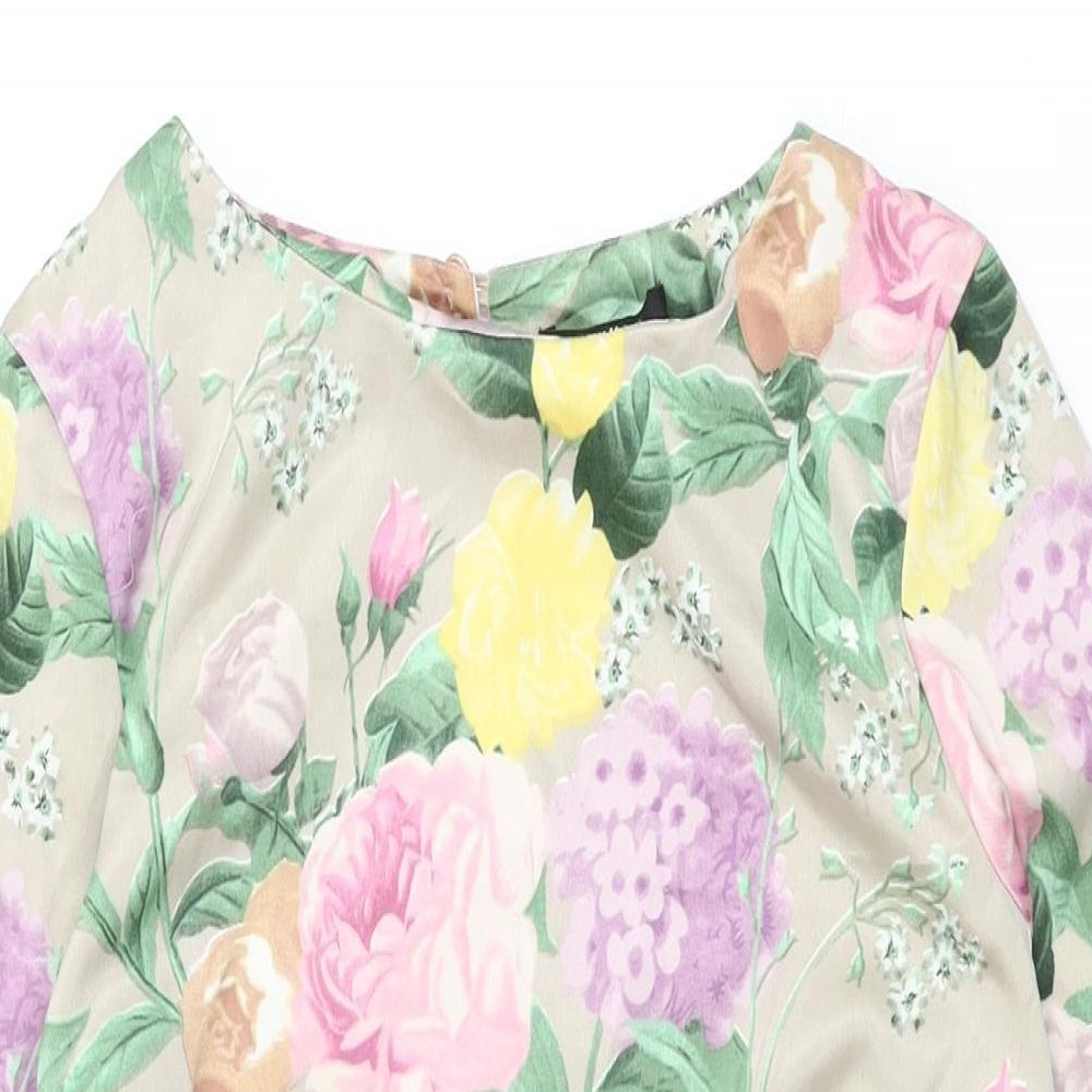 H&M Womens Beige Floral Polyester Shift Size 4 Round Neck Button