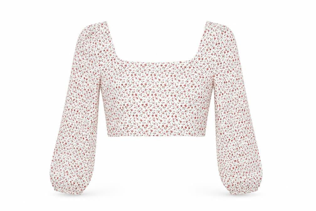 Glamorous Womens Ivory Floral Polyester Cropped Blouse Size 10 Square Neck