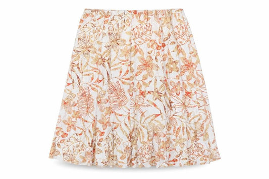 Damart Womens Beige Floral Linen Flare Skirt Size XL Zip