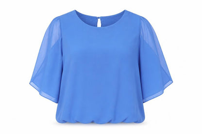 Front view of Roman women’s blue polyester basic blouse, size UK 16, boat neck - cold shoulder