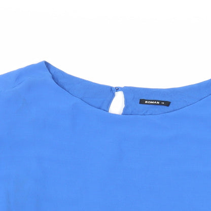 Close-up detail of Roman women’s blue polyester basic blouse, size UK 16, boat neck - cold shoulder