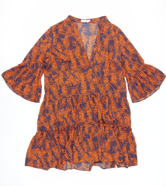 Warehouse Womens Orange Animal Print Polyester Tank Dress Size L V-Neck Pullover - Flare Sleeves
