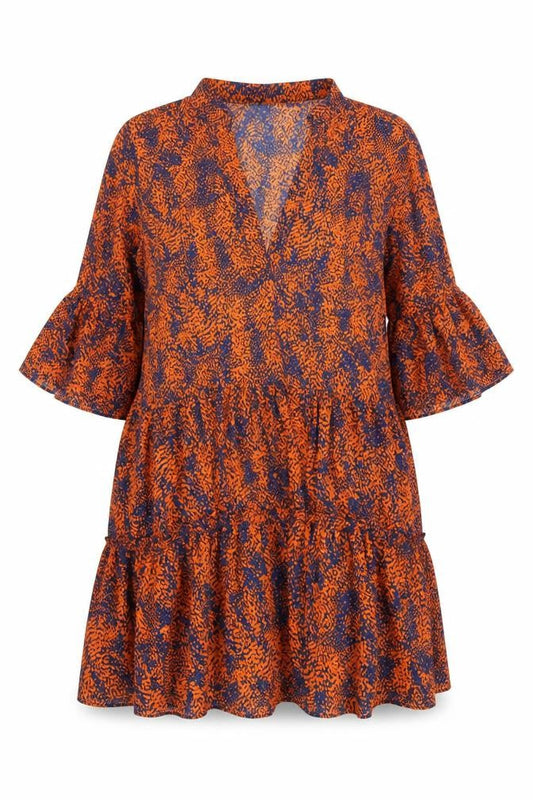Warehouse Womens Orange Animal Print Polyester Tank Dress Size L V-Neck Pullover - Flare Sleeves